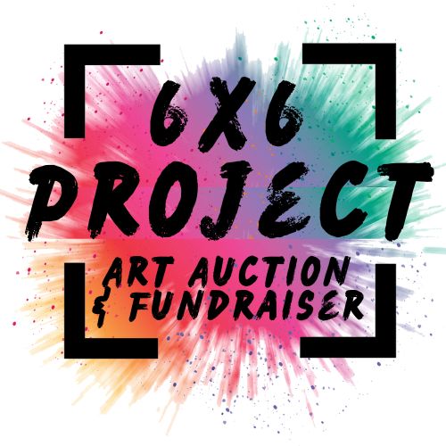 Colorful paint splash background with black text that says 6x6 Project and Art Auction & Fundraiser, framed by four black corner brackets.