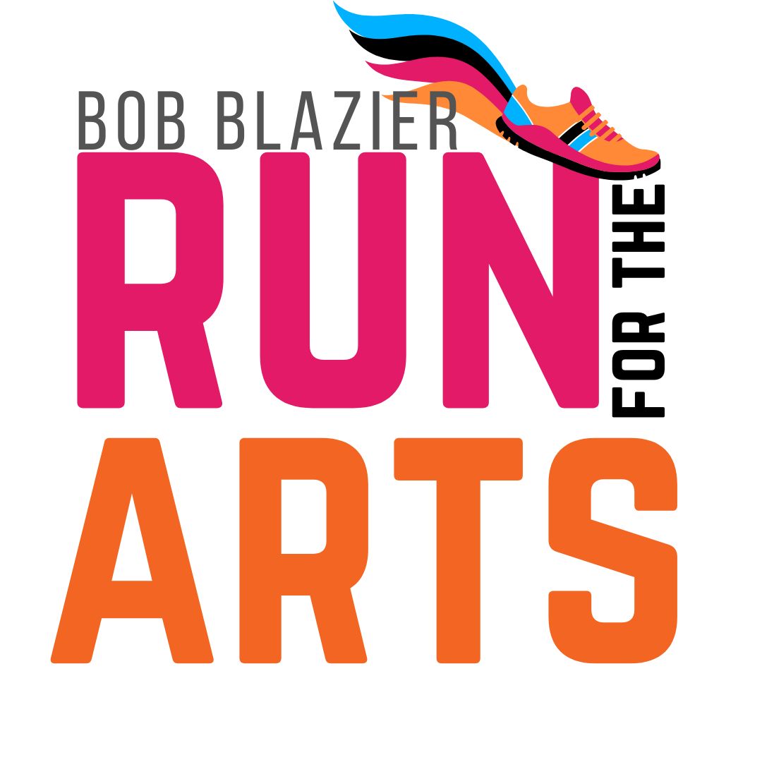 Logo for Bob Blazier Run for the Arts with large, bold pink and orange text, a colorful running shoe above the word RUN, and FOR THE written vertically beside RUN.