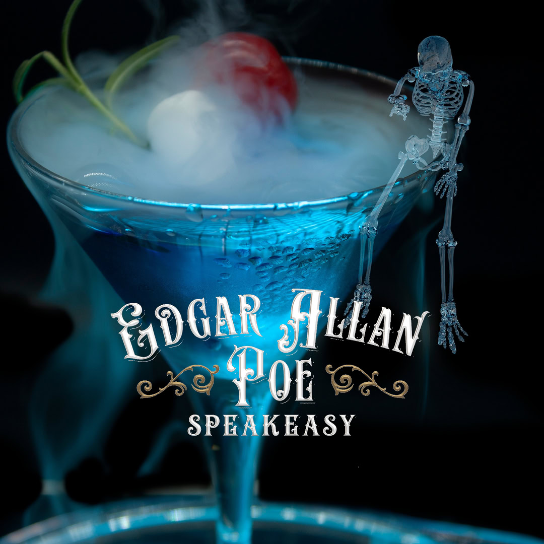 A blue cocktail with smoke, garnished with a cherry and herbs, features a ghostly skeleton sitting on the glass rim. Text reads Edgar Allan Poe Speakeasy.