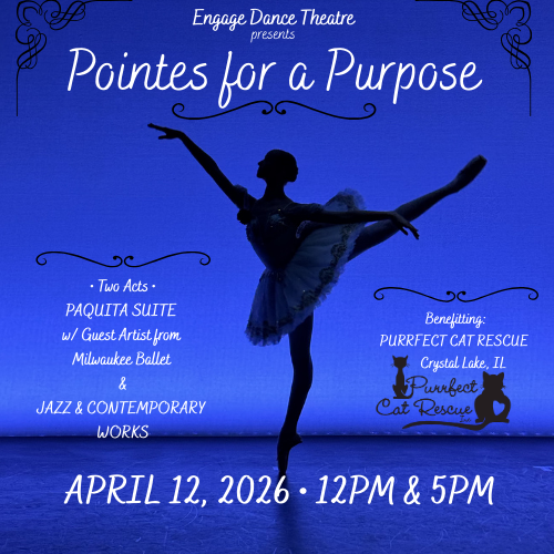 A ballerina poses on stage against a blue backdrop in a promotional poster for Pointes for a Purpose, a dance event benefiting Purrfect Cat Rescue on April 12, 2026, at 12 PM and 5 PM.