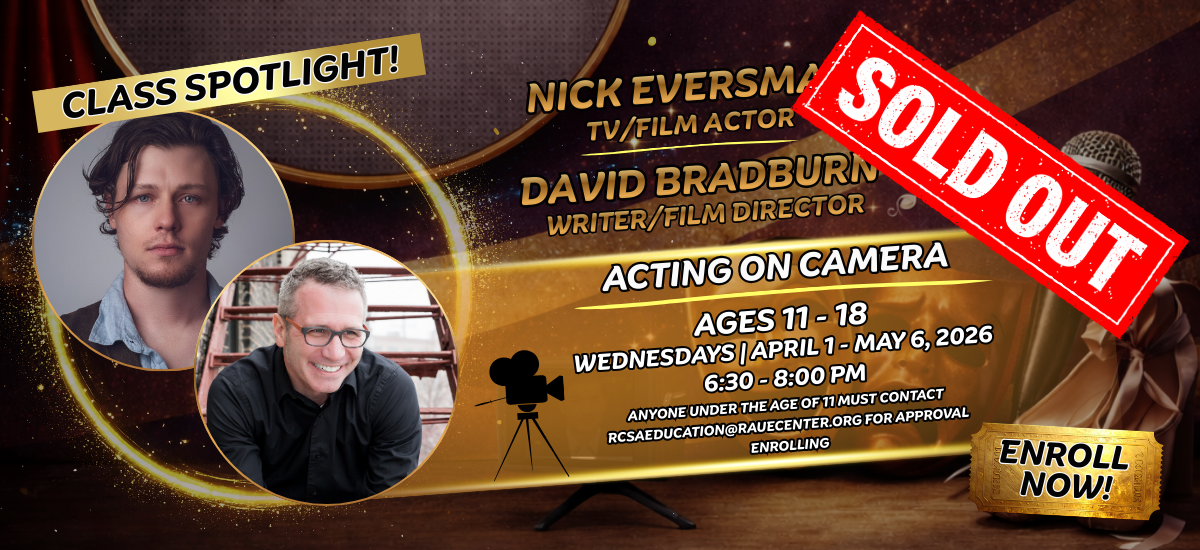 Promotional banner for a sold-out Acting on Camera class for ages 11–18, featuring headshots of Nick Eversman and David Bradburn. Held Wednesdays, April 1–May 6, 2026, 6:30–8:00 PM. Enroll now and Class Spotlight badges included.