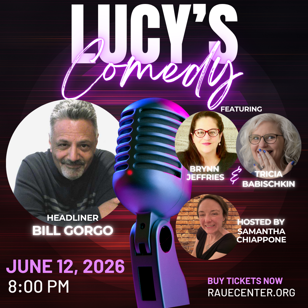 Promotional poster for Lucy’s Comedy featuring headliner Bill Gorgo, comedians Brynn Jeffries and Tricia Babischkin, and host Samantha Chiappone. Shows a microphone and event details for June 12, 2026, 8 PM.