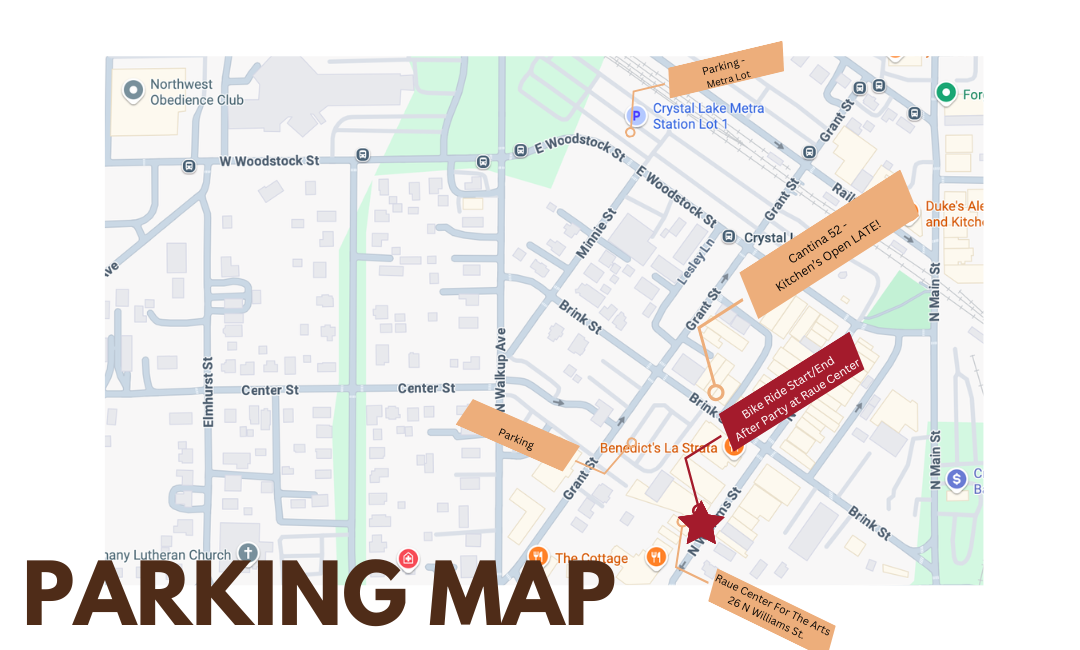 Map showing parking locations near Blendz & Lush Café, marked with icons and labels, including nearby restaurants and key streets in Crystal Lake. PARKING MAP is written in bold at the bottom left.
