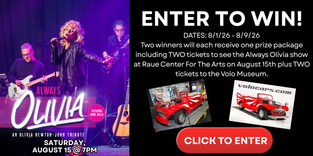 Contest promotion for Always Olivia show, featuring a singer on stage, classic cars, event date August 15, and a button to enter for a chance to win show and museum tickets.