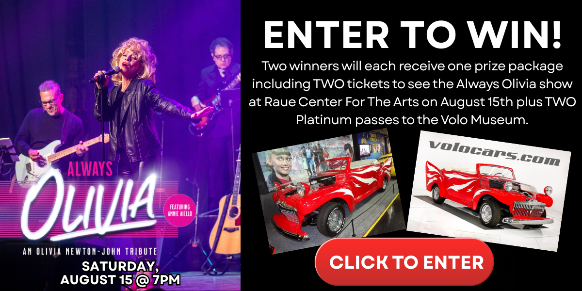Split image: Left shows Always Olivia tribute concert ad with a singer on stage. Right invites entries to win tickets and car museum passes, featuring two classic red cars and a Click to Enter button.