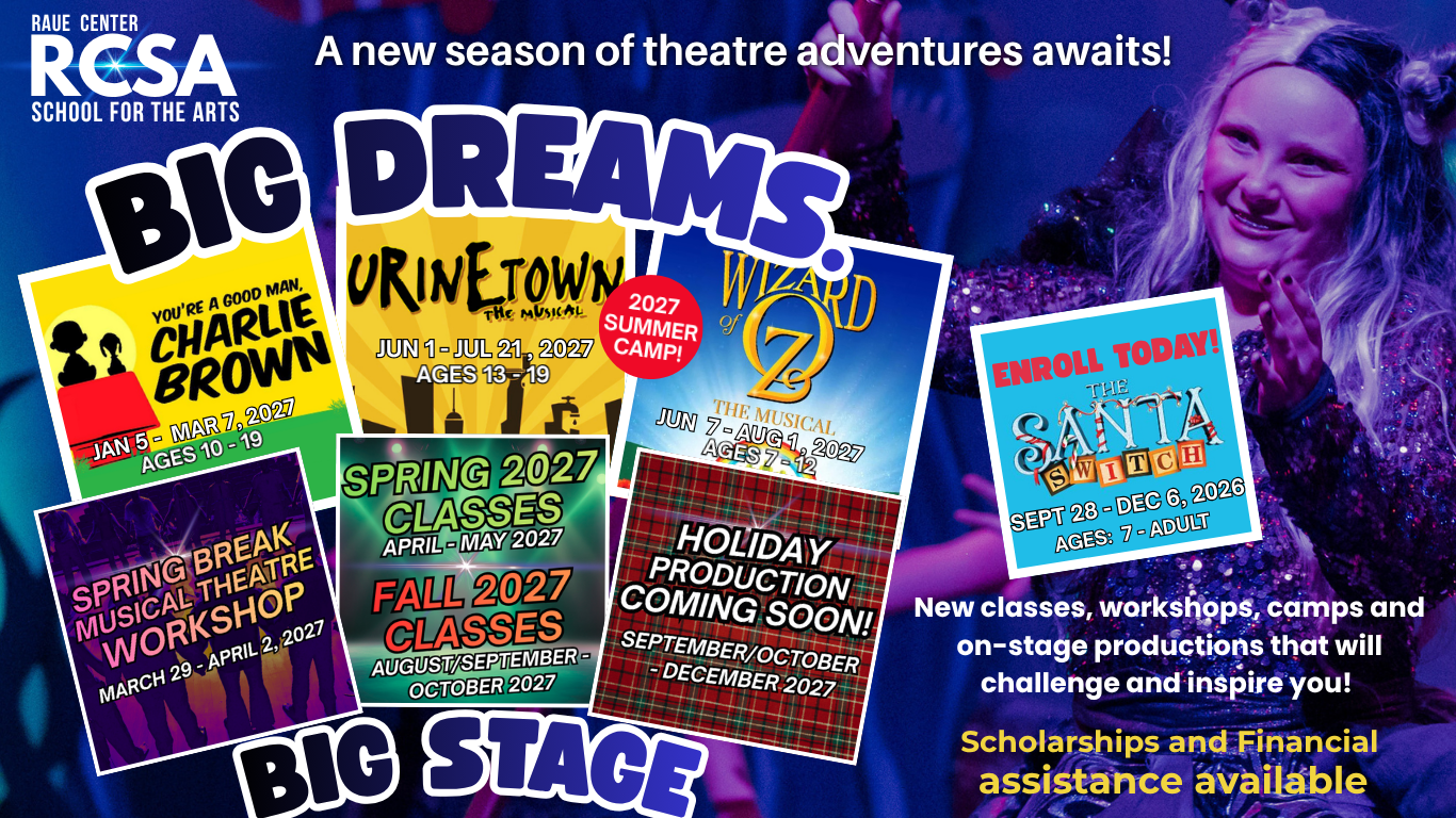 Colorful theater advertisement with posters for Charlie Brown, Urinetown, Wizard 7, holiday production, classes, workshops, and camps. Text promotes scholarships and financial assistance. Young performer smiles in background. Colorful theater advertisement with posters for Charlie Brown, Urinetown, Wizard 7, holiday production, classes, workshops, and camps. Text promotes scholarships and financial assistance. Young performer smiles in background.