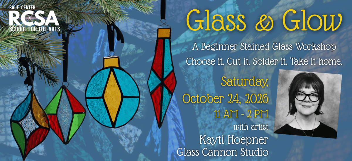 Holiday-themed stained glass ornaments hang from pine branches. Text advertises a beginner stained glass workshop on October 24, 2026, at RCSA, with artist Kayti Hoepner. A black-and-white photo of her is included.