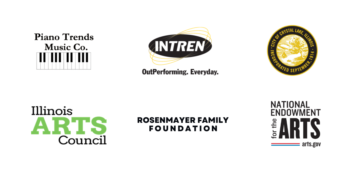 Six organizational logos for arts sponsors, including Piano Trends Music Co., Intren, Crystal Lake, Illinois Arts Council, Rosenmayer Family Foundation, and National Endowment for the Arts, on a white background.