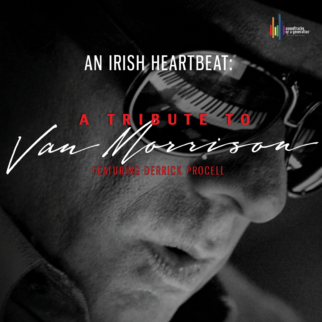 Close-up of a man wearing sunglasses. Overlaid text reads: An Irish Heartbeat: A Tribute to Van Morrison featuring Derrick Procell. Color bars logo appears in the top right corner.
