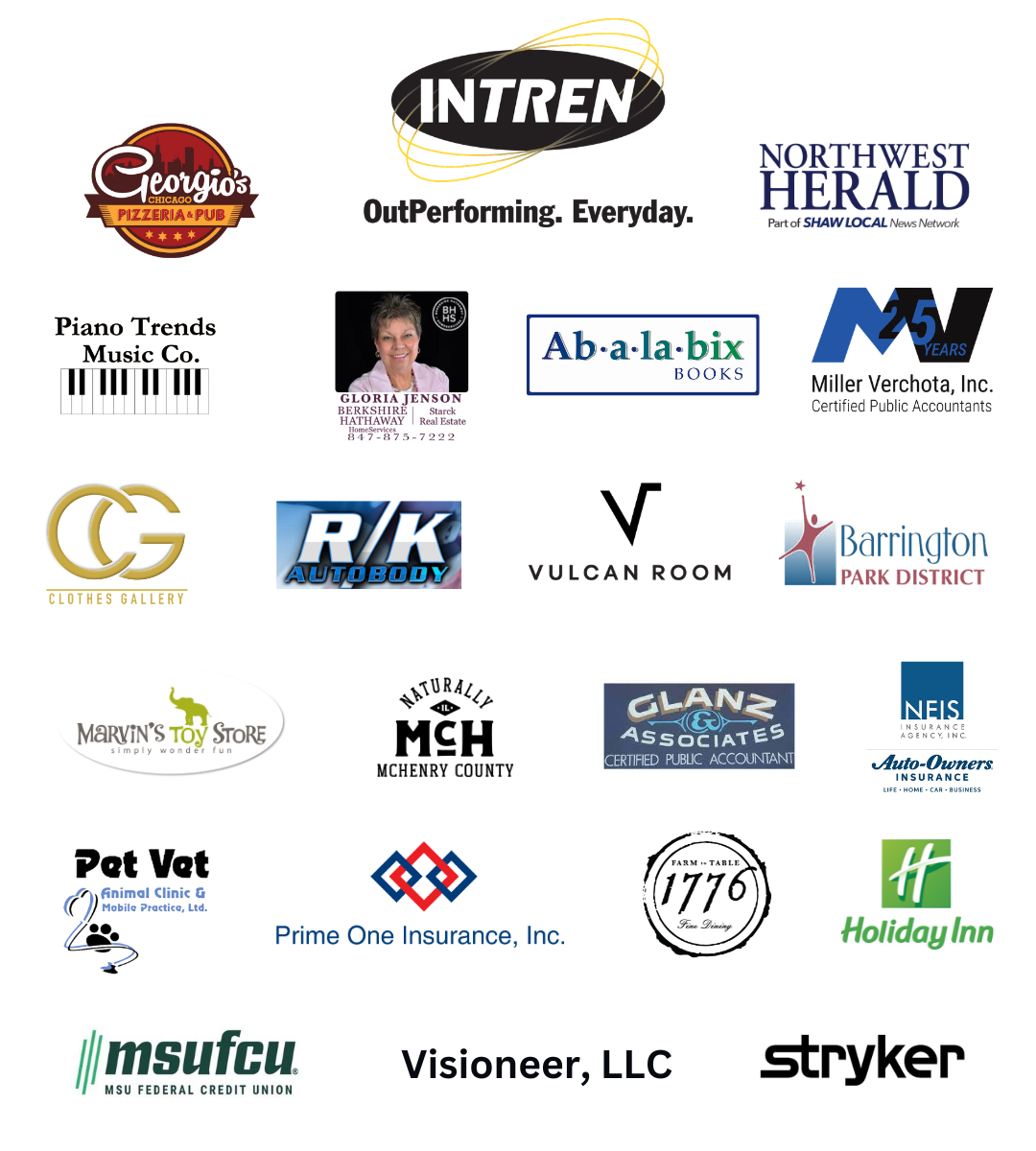 A collage of various business logos, including restaurants, insurance, healthcare, retail, banking, automotive, music, and community organizations displayed on a white background. A collage of various business logos, including restaurants, insurance, healthcare, retail, banking, automotive, music, and community organizations displayed on a white background.