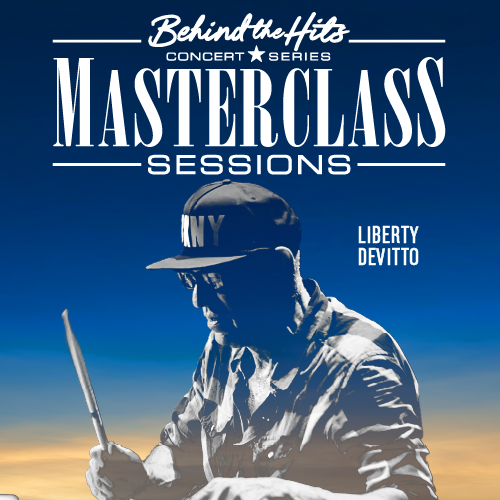 Promotional graphic for Behind the Hits Concert Series featuring Liberty Devitto, showing a silhouette of the drummer holding a drumstick against a blue and orange sunset background. Promotional graphic for Behind the Hits Concert Series featuring Liberty Devitto, showing a silhouette of the drummer holding a drumstick against a blue and orange sunset background.
